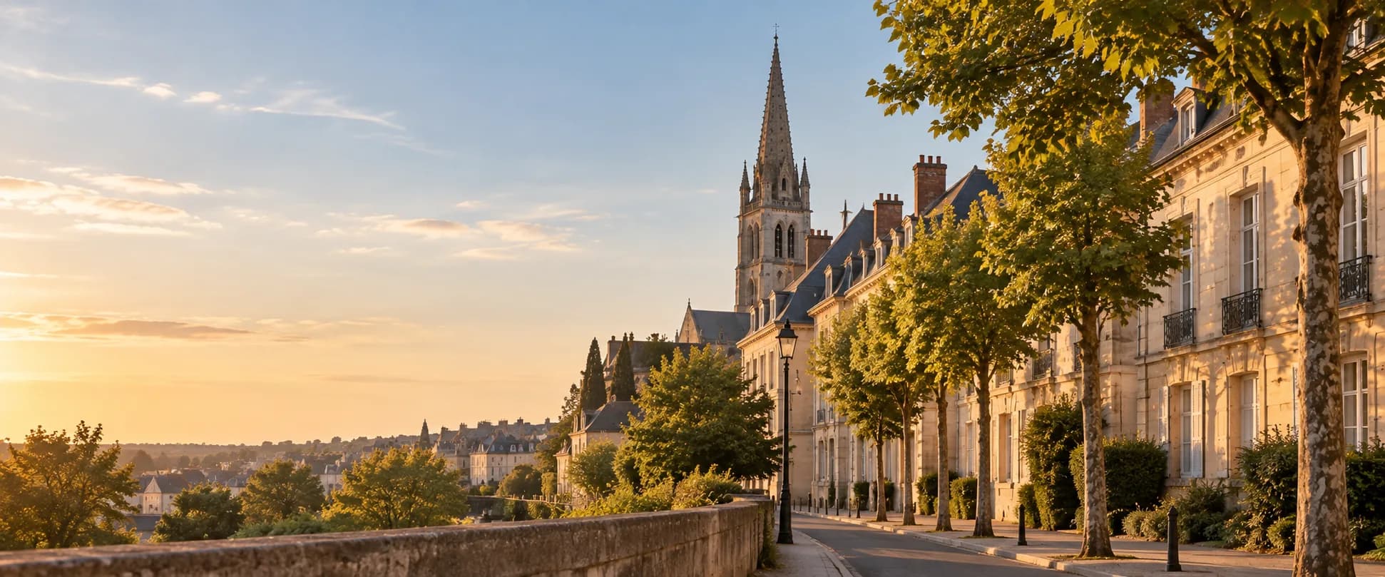 Rue bordée d'immeubles en pierre claire, en fin de journée